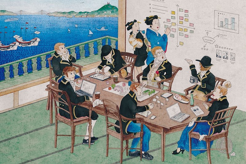 出島の洋館で、江戸時代の商館員や町の人々がノートPCや付箋を使って議論しているイラスト